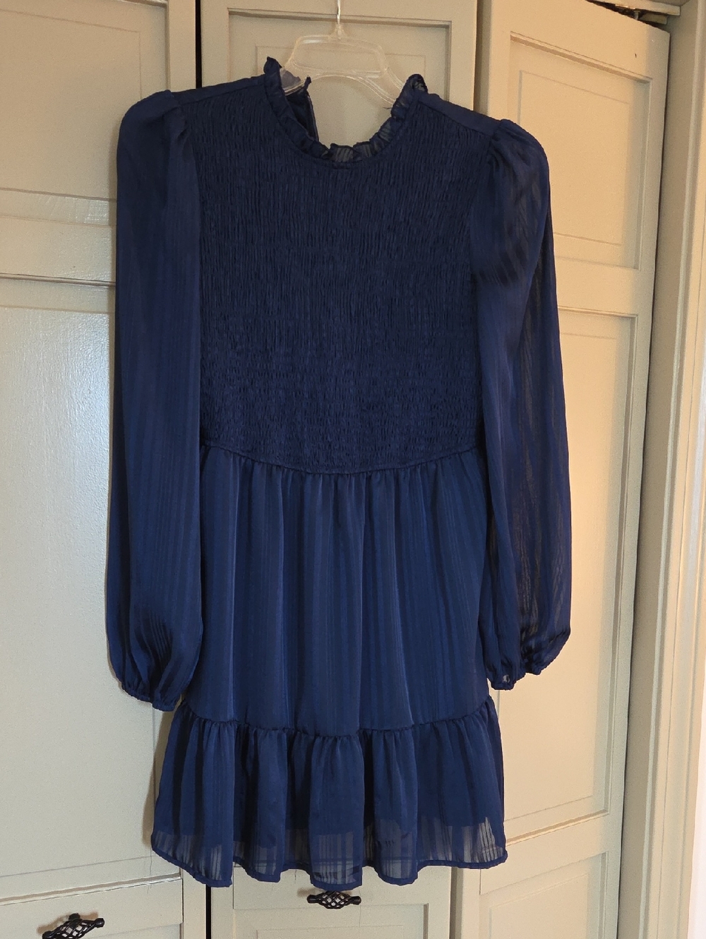 Navy Smocked Bodice Long Sleeve Chiffon Dress